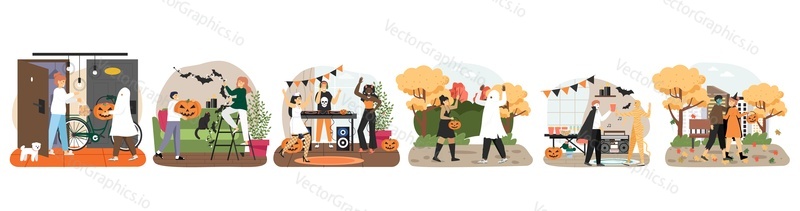 Halloween celebration scene set, flat vector isolated illustration. People preparing for Halloween party, dancing in carnival costumes, kids trick or treating.