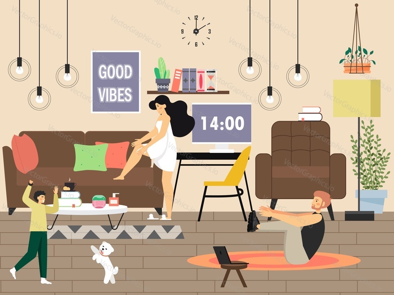 Happy family home leisure activity, flat vector illustration. Mother taking care of her skin, father doing sport exercises and son playing with dog. Daily routine.