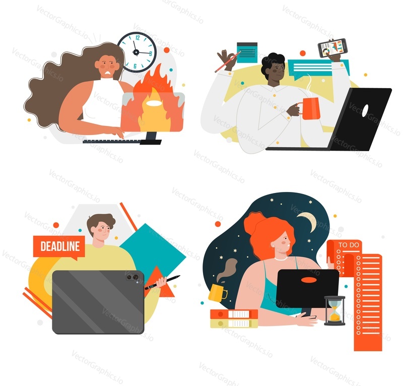 Stressed busy office people cartoon character set, flat vector isolated illustration. Deadline and time management concept.
