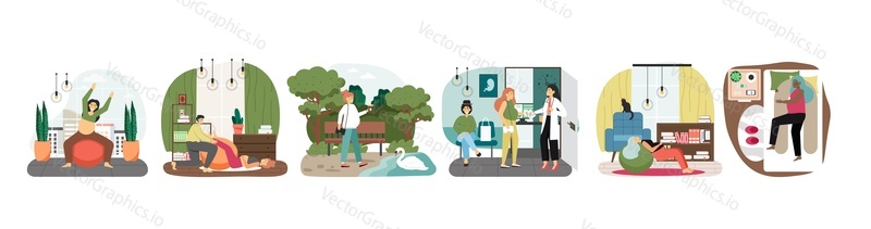 Pregnancy scene set, flat vector isolated illustration. Happy pregnant mom exercising with ball, walking in the park, visiting doctor, sleeping. Pregnancy, prenatal health care, fitball workout.