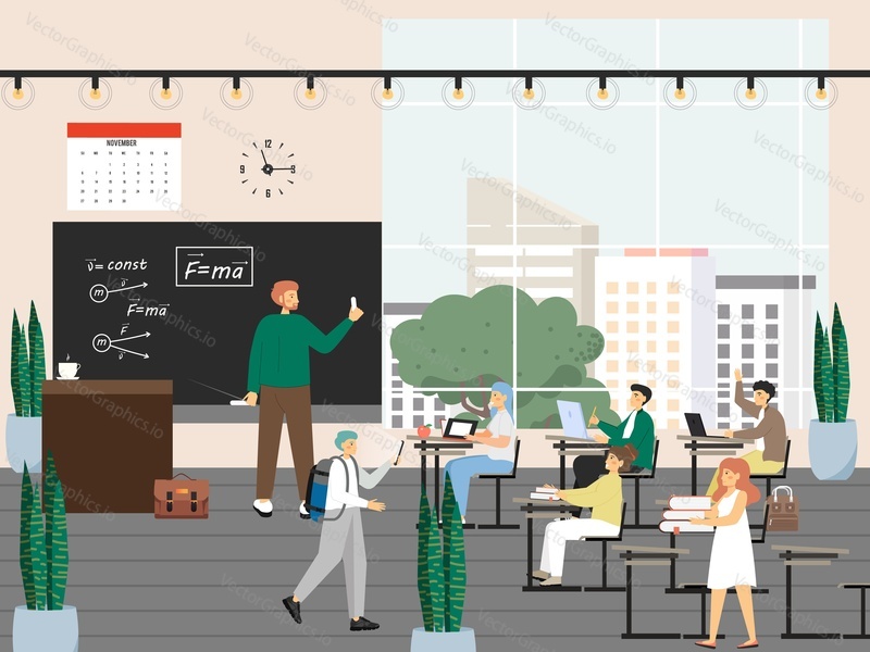 Students listening to school teacher with pointer and chalk standing at chalkboard in classroom, flat vector illustration. Physics lesson, school education, knowledge.