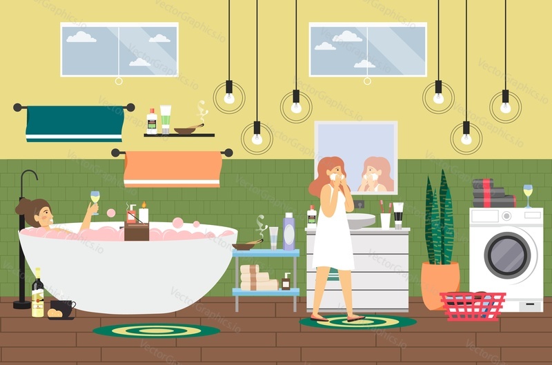Woman taking bath with aroma candles and wine, cleansing face in bathroom at home, flat vector illustration. Hygiene, body skin care, relax in bathtub, daily skincare routine.