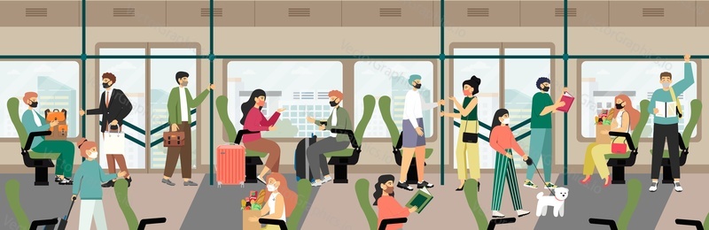 Passengers wearing face masks in city public transport, flat vector illustration. People commuting to and from work by bus, subway train, tram. Corona virus covid-19 spread prevention. Safe travel.