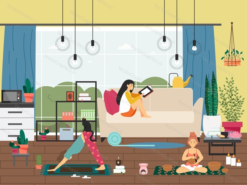 Girls relaxing at home, flat vector illustration. Young women reading book, practicing yoga, meditating. Home yoga, fitness, aromatherapy candle meditation.