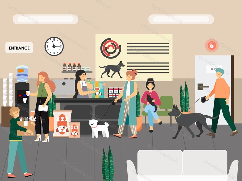 People with cats and dogs in pet shop, flat vector illustration. Characters buying food, cute small domestic animals. Pet store business.