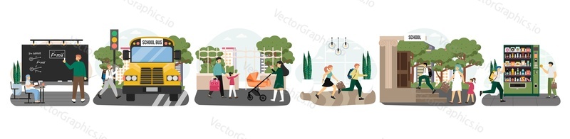 School scene set, flat vector isolated illustration. School lesson, break, bus, students, kids with parents going to class. Education, knowledge.