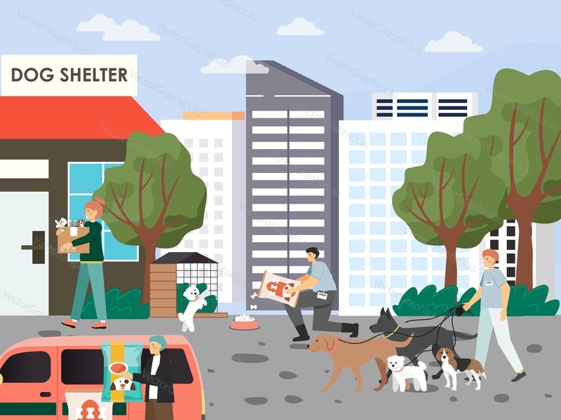 Volunteers caring for homeless dogs and cats in pet shelter, flat vector illustration. People feeding, walking animals. Volunteering, pets care.