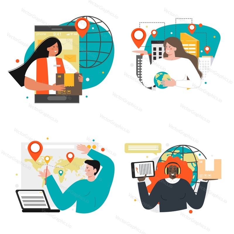 Delivery service people, flat vector isolated illustration. Global logistics network, international shipment, local distribution and home delivery. Logistics management.