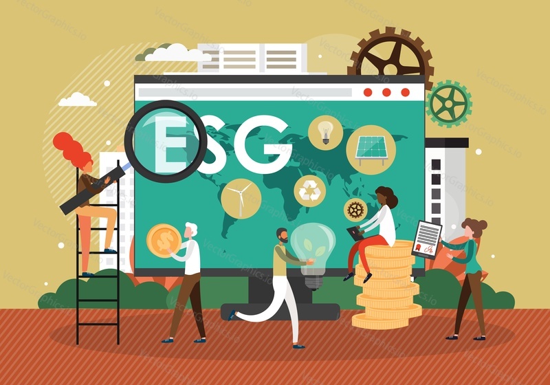 Environmental, social and corporate governance, flat vector illustration. ESG criteria used by investors. Sustainable, responsible investment. Green business company development.