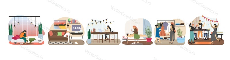 Woman daily life scene set, vector isolated illustration. Girl playing with dog, working, shopping, training, getting massage, dancing with boyfriend at night party. Daily routine, work and leisure.