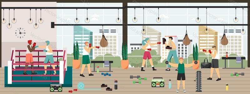 Boxing sport scene set, flat vector illustration. Professional boxers training and fighting. Boxing match in fight ring, gym workout. Combat sport.