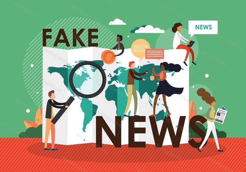 Fake news and information fabrication, flat vector illustration. People reading false news from newspaper, social media posts, websites. Misinformation, misleading, disinformation, hoax.