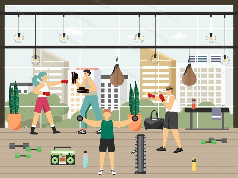 Boxer athletes, male and female characters training at the gym, flat vector illustration. Woman boxing with personal trainer. Box club.