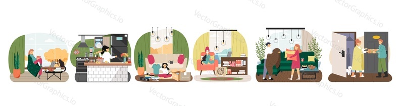 Home cosiness scene set, flat vector isolated illustration. People enjoying shopping online, spending time at home in cozy kitchen, living room with cup of cocoa, pizza, comfortable furniture, blanket