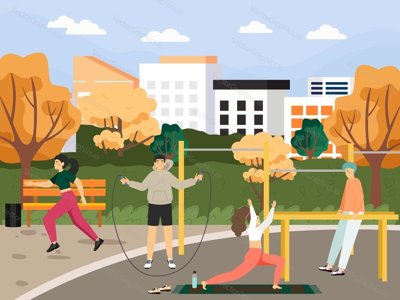 People athletes exercising in the park, in sport playground, flat vector illustration. Boxer street workout. Jogging, body stretching, skipping rope and parallel bars outdoor exercises.