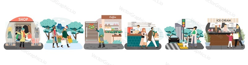 New Year and Christmas holidays preparation scene set, flat vector isolated illustration. People walking along city street with shopping bags, gift boxes, christmas trees.