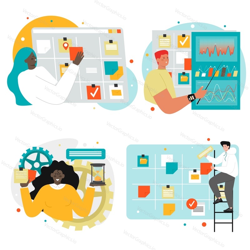 Agile software development characters, flat vector isolated illustration. Developers moving stickers on kanban task board. Agile project management, kanban methodology.