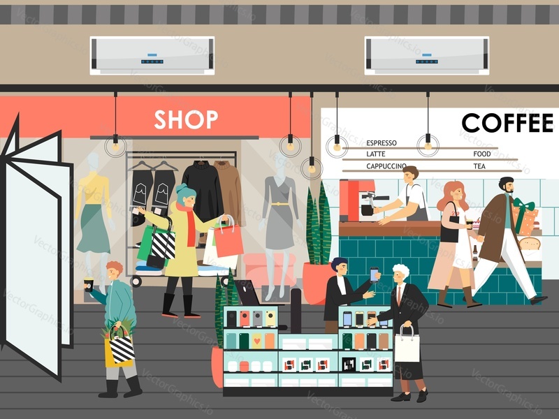 Happy people buying gifts at shopping mall, flat vector illustration. Male and female characters going shopping preparing for New Year and Christmas holidays celebration.