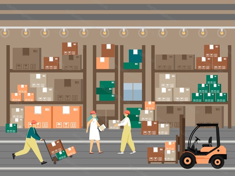 Storekeeper, forklift operator and loader with loading cart full of cardboard boxes working in warehouse, flat vector illustration. Receiving, shipping and storage of goods.