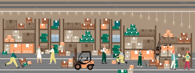 Merchandise warehouse scene set, flat vector illustration. Workers storekeeper, loaders, forklift operator working in warehouse. Storage, distribution, shipping of goods.