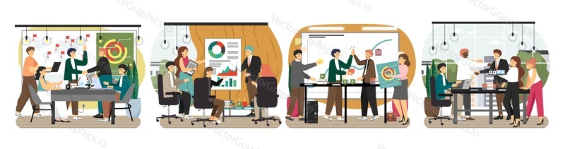 Office team scene set, flat vector isolated illustration. Business people meeting, discussion, partnership, handshake, workshop, presentation, best deal. Team work concept.
