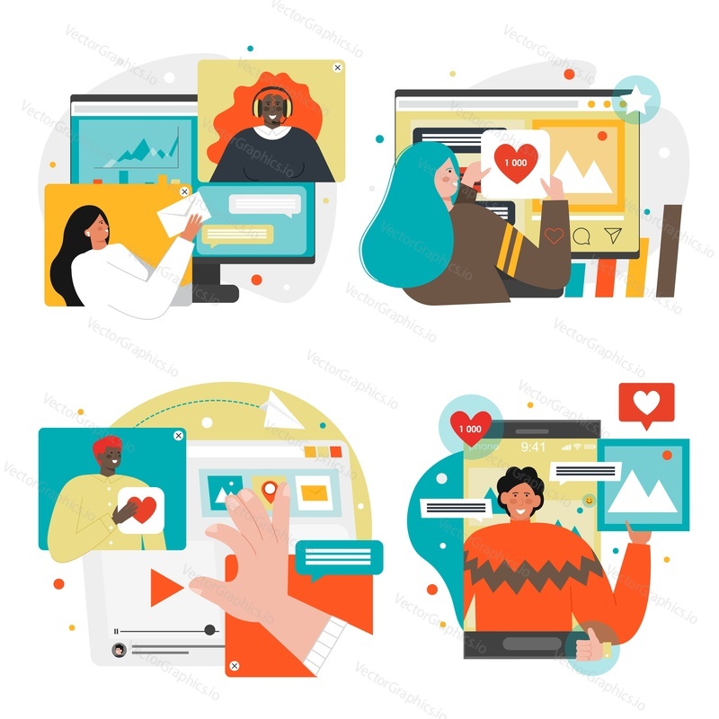 Social media likes, online communication scene set, flat vector isolated illustration. Customer feedback, good review, marketing strategy, social network comments, followers.