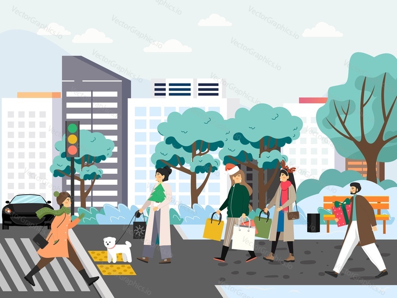 People preparing for New Year and Christmas holidays celebration, flat vector illustration. Girls walking along city street with shopping bags, man carrying gift box.