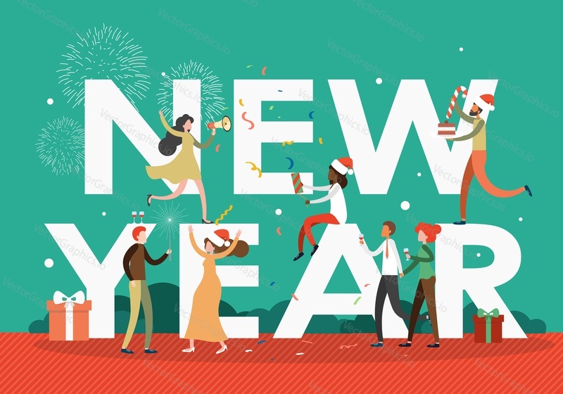 New Year typography banner template. Happy people in Santa hats dancing, drinking wine, having fun, flat vector illustration. New Year corporate party celebration.