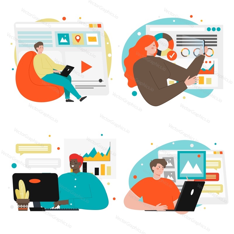 Business people working on laptop computer, using mobile phone sitting at table, in bean bag chair, flat vector isolated illustration. Office work, freelance, home office.