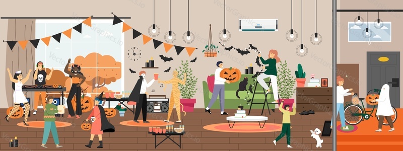 People celebrating Halloween, flat vector illustration. Family characters decorating home with bat garland, pumpkins, friends dancing in carnival costumes at Halloween party, kids trick or treating.