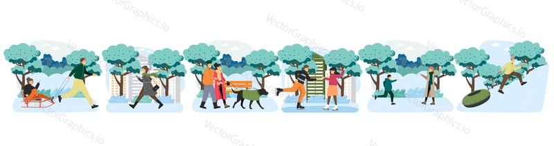 Outdoor winter activities set, flat vector isolated illustration. Happy people playing snowballs, tobogganing, tubing, ice skating, walking dogs in city park. Winter fun.