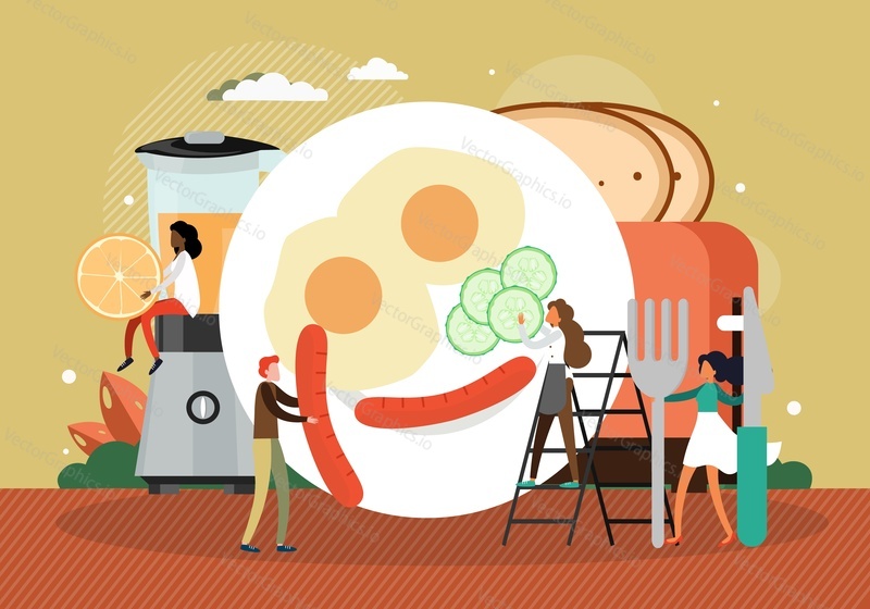 People cooking breakfast, flat vector illustration. Funny fried eggs with sausage, toast and cucumbers.