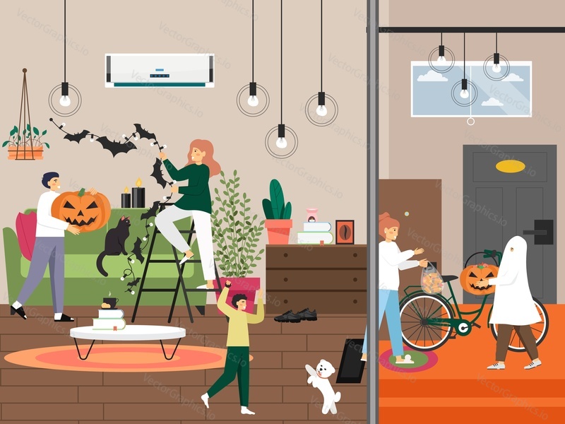 Happy family decorating room preparing for Halloween party celebration at home, flat vector illustration. Trick or treat, Halloween tradition.
