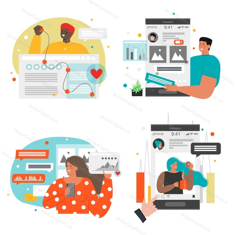 People using social networks to sell or promote business, flat vector isolated illustration. SMM, social media marketing scene set. Digital internet marketing, brand management.