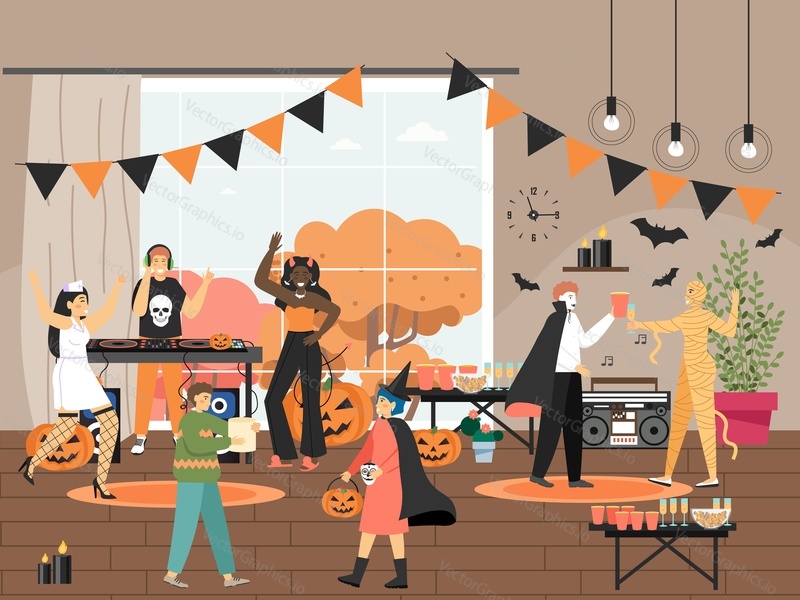 People in carnival Halloween costumes dancing and having fun, flat vector illustration. Halloween party celebration.