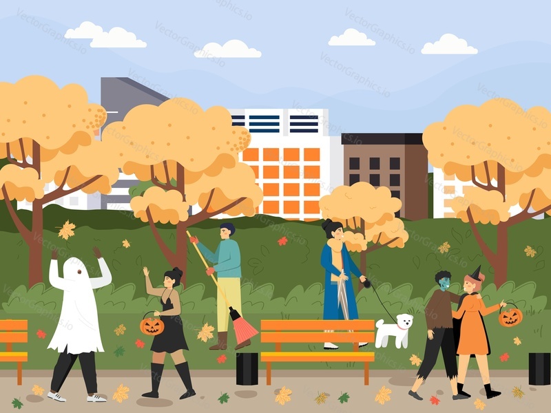 People wearing Halloween carnival costumes walking in city park, flat vector illustration. Happy Halloween party celebration. Trick or treat.