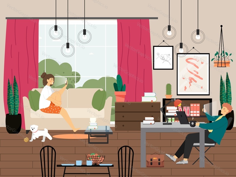 Happy couple using mobile phones at home sitting on sofa and at the table, flat vector illustration. Smartphone, internet, social media addiction.