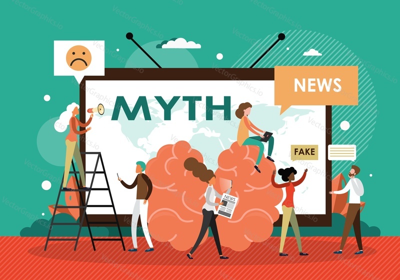 Myth, fake news and facts, flat vector illustration. People read false news from newspaper, social media, watch tv programs. Misinformation, misleading, disinformation, hoax, information fabrication.