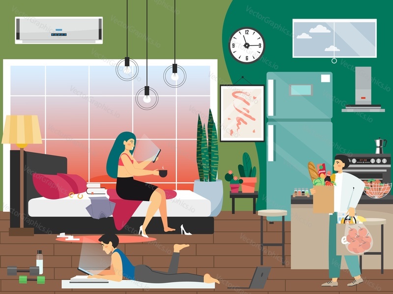 Young people using mobile phones at home sitting on bed and lying on carpet, flat vector illustration. Smartphone, internet, social media addiction.
