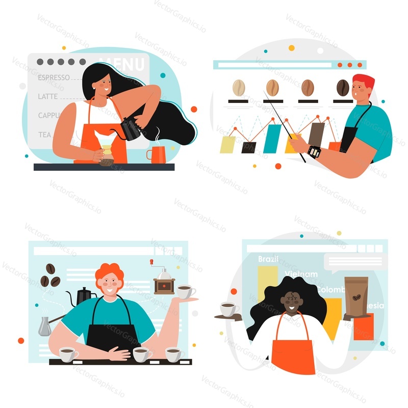 People brewing, demonstrating coffee, flat vector isolated illustration. Barista cartoon character set. Coffee advertising.
