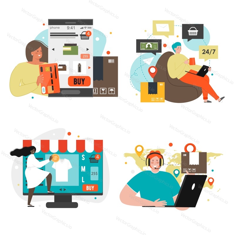 Online shopping scene set, flat vector isolated illustration. Internet store, ecommerce, electronic payments, international delivery, worldwide shipping.