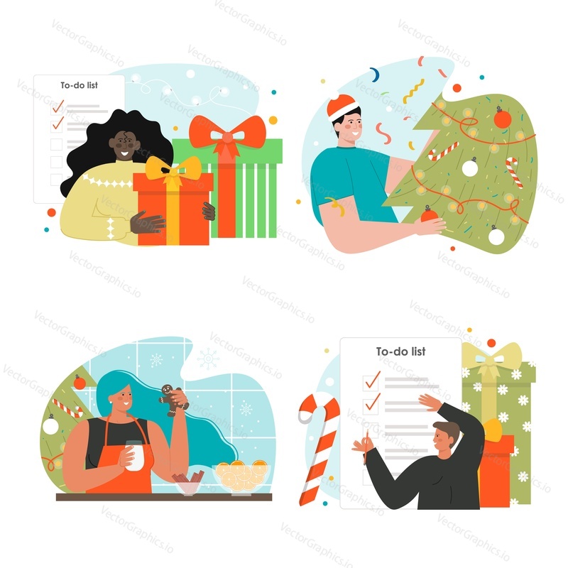 Happy people preparing for New Year and Christmas party celebration, flat vector isolated illustration. Male and female characters making gingerbread cookies, decorating Christmas tree, buying gifts.
