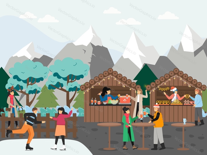 People celebrating New Year and Christmas holidays outside city in the mountains, flat vector illustration. Happy couples drinking mulled wine, ice skating. Winter vacation.
