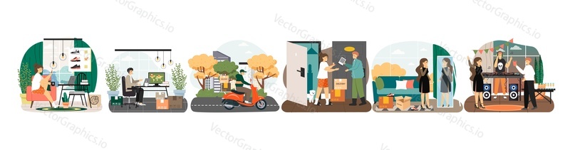 Online shopping and parcel delivery scene set, flat vector isolated illustration. Ecommerce, global shipping, home delivery.