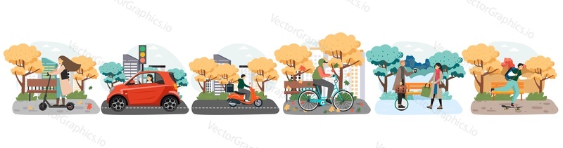 City transport set, flat vector isolated illustration. Young people riding electric scooter, car, bicycle, skateboard, motor scooter and unicycle one wheel electric skateboard. Eco friendly transport.