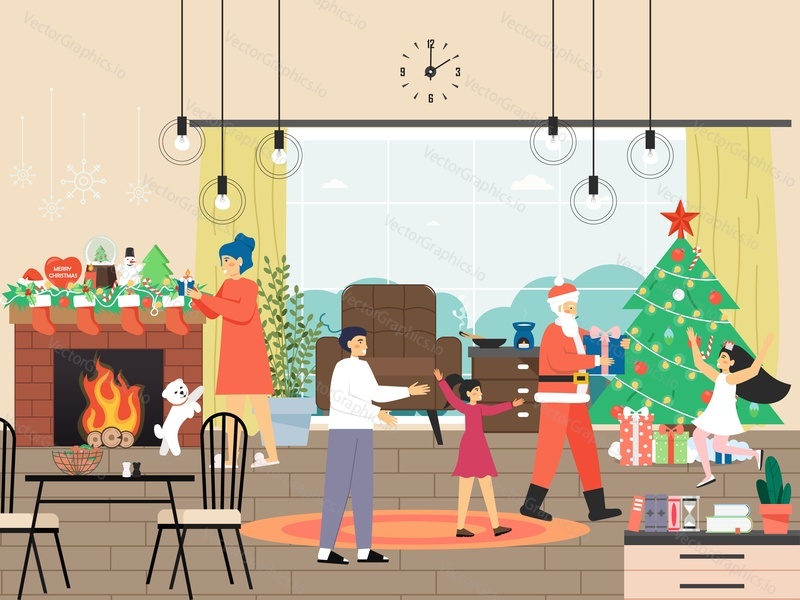 Happy family celebrating New Year night at home, flat vector illustration. Living room interior with decorated Christmas tree, fireplace with Christmas socks. Santa Claus giving gifts to kids.