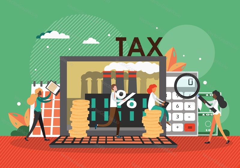 Расчет налога и онлайн-оплата налогов, плоская векторная иллюстрация. Бухгалтерский учет, финансовый менеджмент, налогообложение, аудит, финансовый отчет.