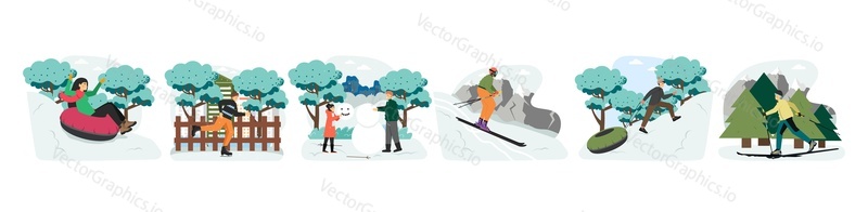 Outdoor winter activities scene set, flat vector isolated illustration. Happy people skiing, sledding, making snowman, ice skating. Winter fun and sport.