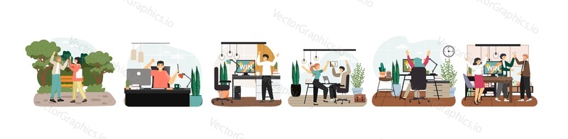 Happy people celebrating win, goal achievements in business, at work, flat vector isolated illustration. Success, victory concept.