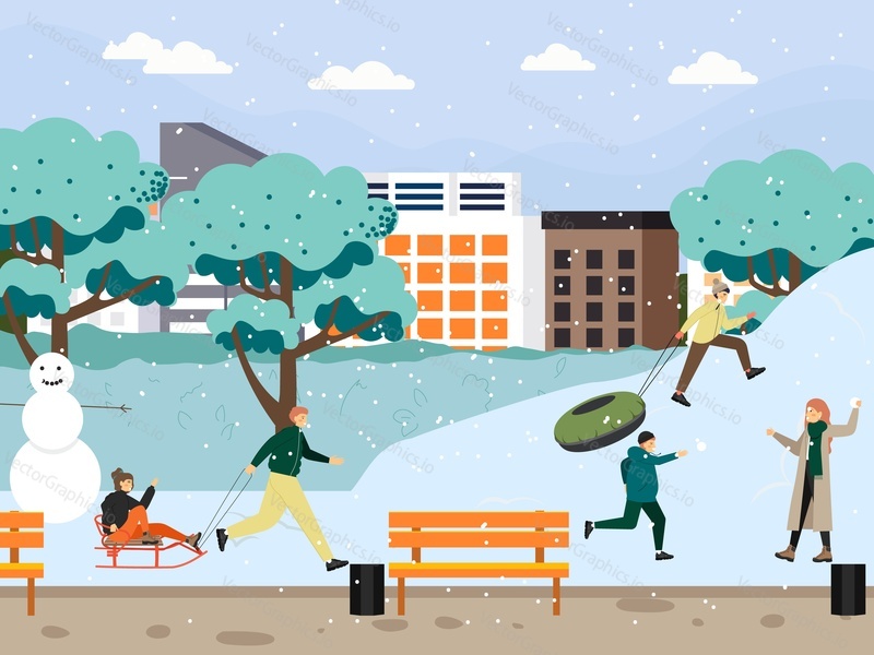 Happy people sledding, playing snowballs in city park, flat vector illustration. Winter fun, outdoor activities.